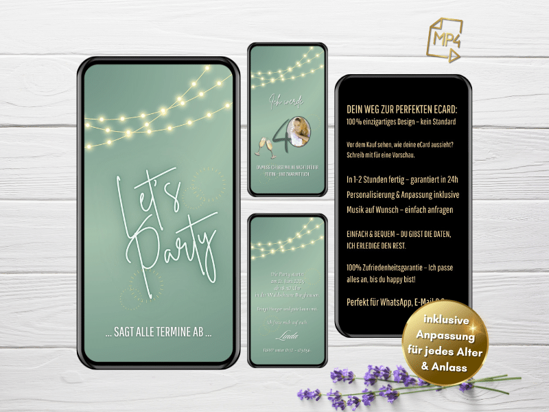 Digitale Einladung zum 40. Geburtstag mit Spruch, Lichterkette und persönlichem Foto im Salbeigrün-Design