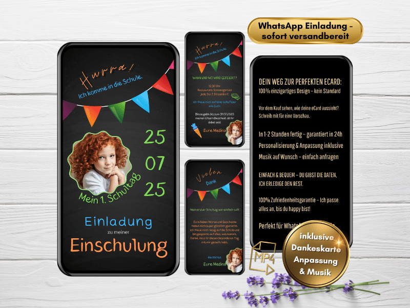 Einladung Schuleinführung – digitale Karte mit bunten Wimpeln auf Tafelhintergrund, kindgerecht und liebevoll gestaltet