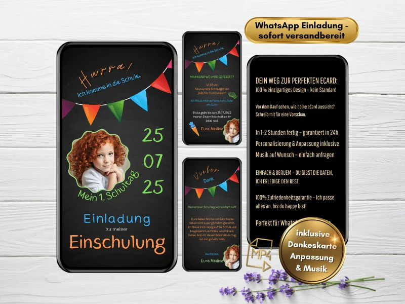 Einladung Schuleinführung – digitale Karte mit bunten Wimpeln auf Tafelhintergrund, kindgerecht und liebevoll gestaltet