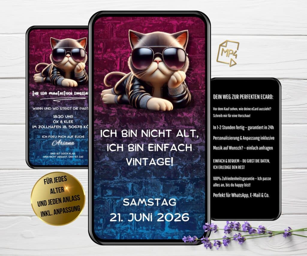 Einladung Geburtstag lustig mit Katze im Vintage-Stil