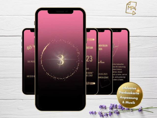 Digitale Einladung mit Countdown zum Geburtstag. Farbverlauf von Schwarz zu Pink, goldene Schrift und der Text 40 is the new 30.