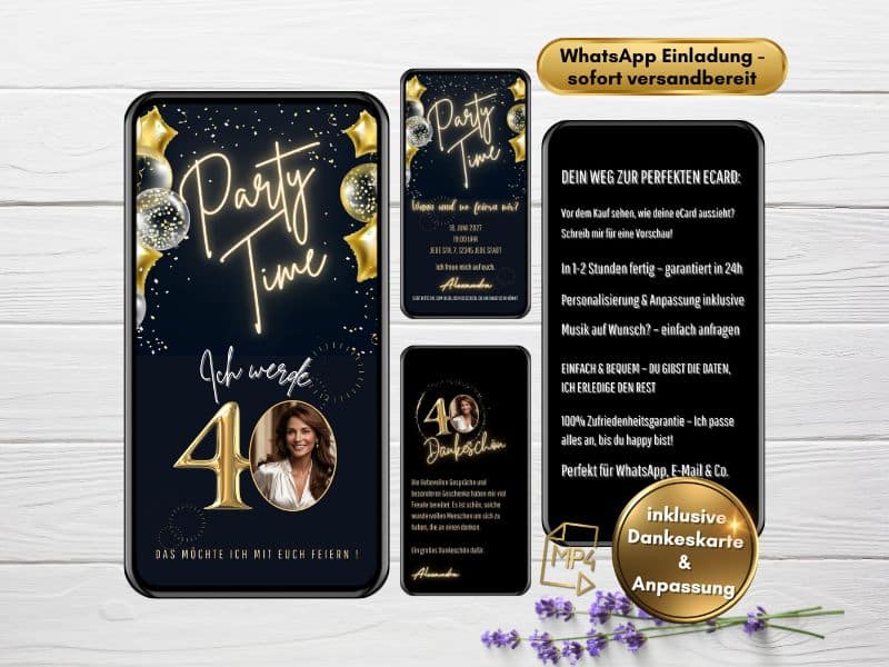Animierte Einladung für den 40. Geburtstag einer Frau – digitale Karte mit Schwarz-Gold-Design, geeignet für WhatsApp