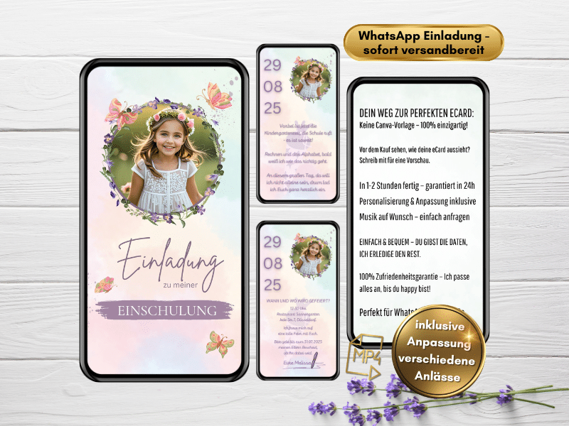 Digitale Einladung zur Einschulung mit Foto, animiert und liebevoll gestaltet, perfekt für WhatsApp