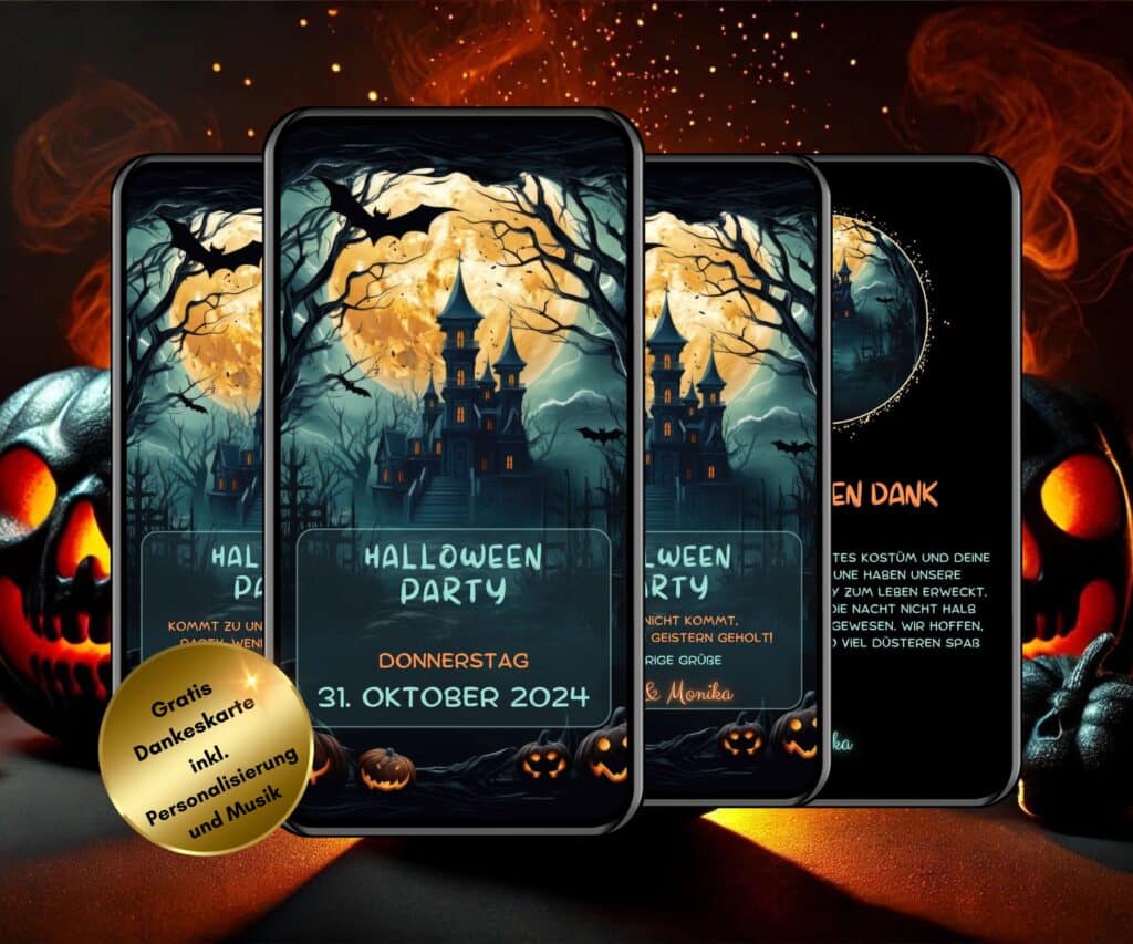Digitale Einladung Halloween Party als eCard mit Kürbis und Spukhaus