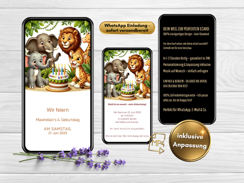 Einladung Kindergeburtstag WhatsApp mit Elefant, Giraffe und Löwe im Dschungelstil