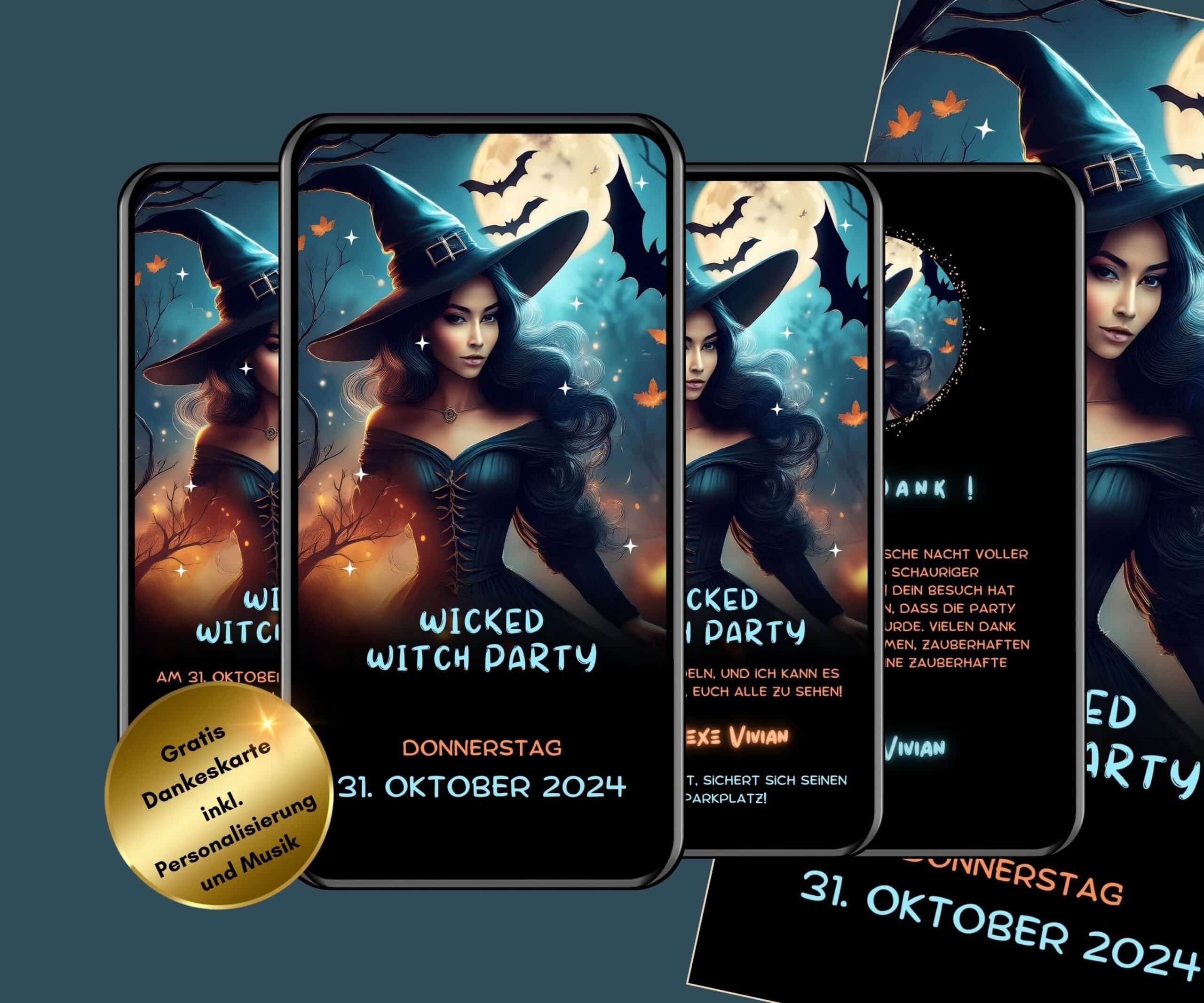 Digitale Halloween-Einladung zur Hexenparty mit lila Design, WhatsApp-Format und fliegender Karte