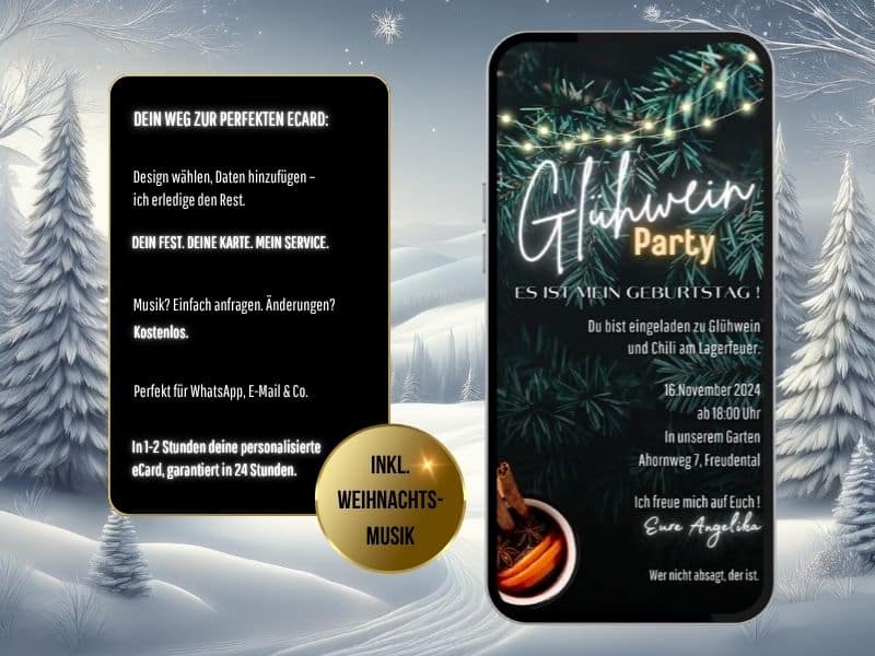 Digitale Glühwein Party Einladung mit Lagerfeuer im Garten