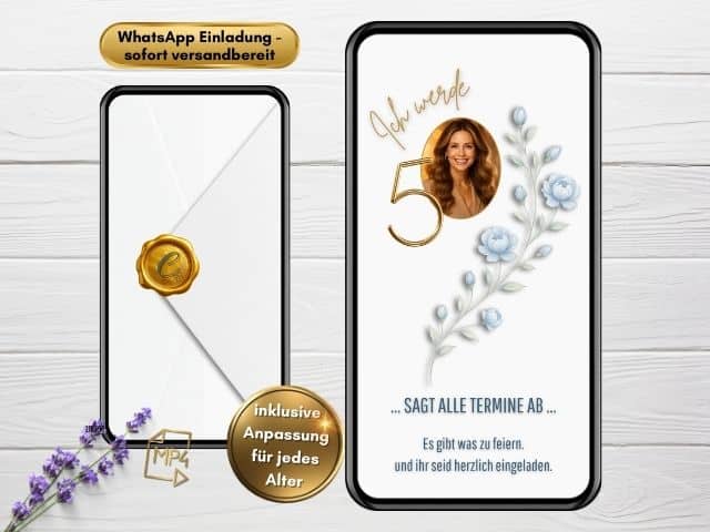 Digitale Einladung zum 50. Geburtstag mit goldenem Design, Foto-Platzhalter und WhatsApp-Format